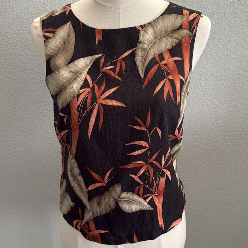 Tommy Bahama Black and Orange Leaf Print Wool and Silk Blend Tank Top Size 6 - Picture 2 of 7